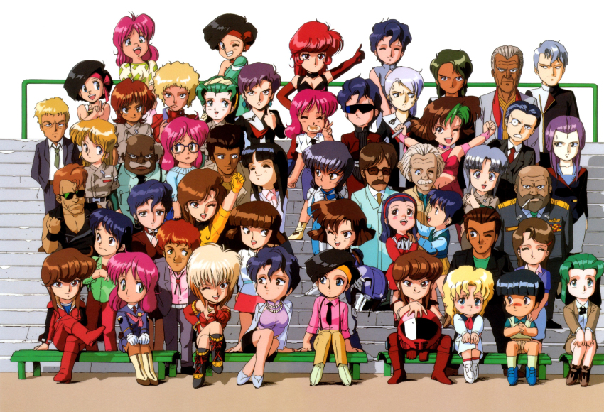 absolutely_everyone black_necktie breasts bubblegum_crisis character_request chibi closed_mouth crossed_legs dark-skinned_male dark_skin dual_persona everyone helmet highres linna_yamazaki lisa_vanette long_hair looking_at_viewer multicolored_hair necktie nene_romanova one_eye_closed open_mouth pantyhose priscilla_asagiri reika_chang short_hair smile sonoda_ken&#039;ichi sylia_stingray unworn_headwear unworn_helmet