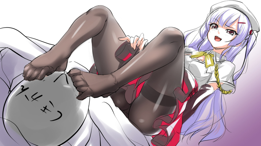 1boy 1girl ajax_(azur_lane) azur_lane bed dress faceless faceless_male feet licking_foot foot_on_head grin hat licking long_hair looking_down lying no_shoes open_mouth pantyhose purple_hair sitting sitting_on_person smile teeth toes tongue toron_(mino106) translation_request