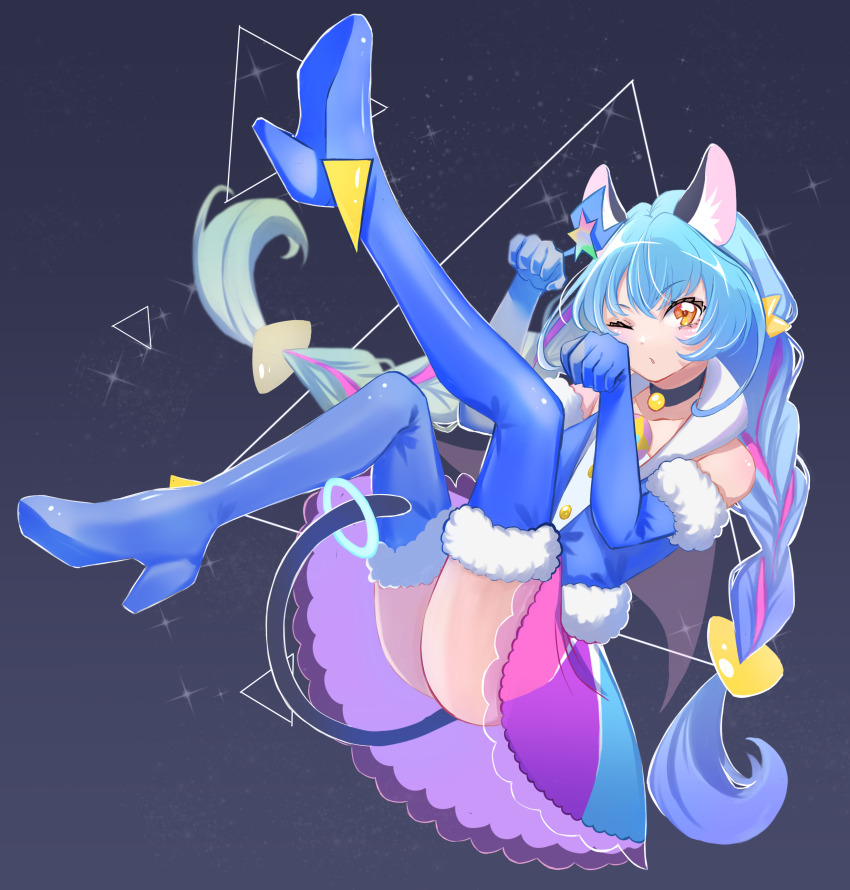 1girl ;o absurdres animal_ears black_choker blue_boots blue_gloves blue_hair blue_jacket boots braid cat_ears cat_tail choker cure_cosmo elbow_gloves floating fur-trimmed_boots fur-trimmed_gloves fur-trimmed_jacket fur_trim gloves hair_ornament highres jacket leg_up long_hair looking_at_viewer magical_girl miisu_(minirose) multicolored_hair multicolored_skirt one_eye_closed parted_lips paw_pose pink_hair precure skirt sleeveless sleeveless_jacket solo star_twinkle_precure streaked_hair tail thigh_boots twin_braids very_long_hair yellow_eyes yuni_(precure)