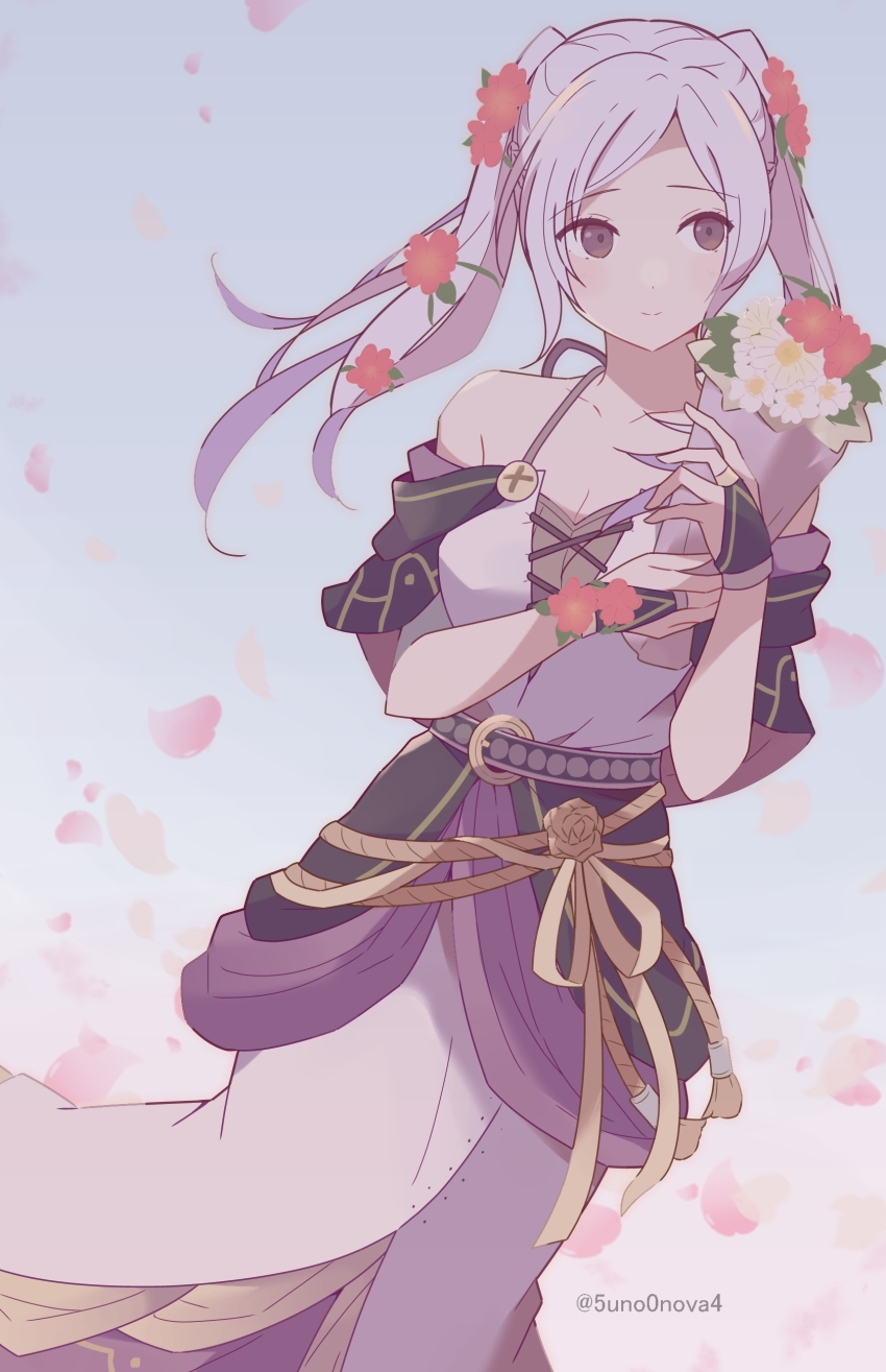 1girl 343rone absurdres armpit_crease bare_arms bare_shoulders belt bouquet bracelet breasts brown_hair capelet clenched_hand collarbone dress eyelashes female_focus female_robin_(fire_emblem) fire_emblem fire_emblem_awakening fire_emblem_heroes flower flower_bracelet hair_flower hair_ornament halterneck hands_up highres holding holding_bouquet jewelry leaning_to_the_side light_smile long_dress long_hair looking_to_the_side medium_breasts multiple_belts neck nintendo no_bra off_shoulder parted_bangs female_robin_(valentine)_(fire_emblem) rope sidelocks sleeveless sleeveless_dress spaghetti_strap standing twintails white_hair