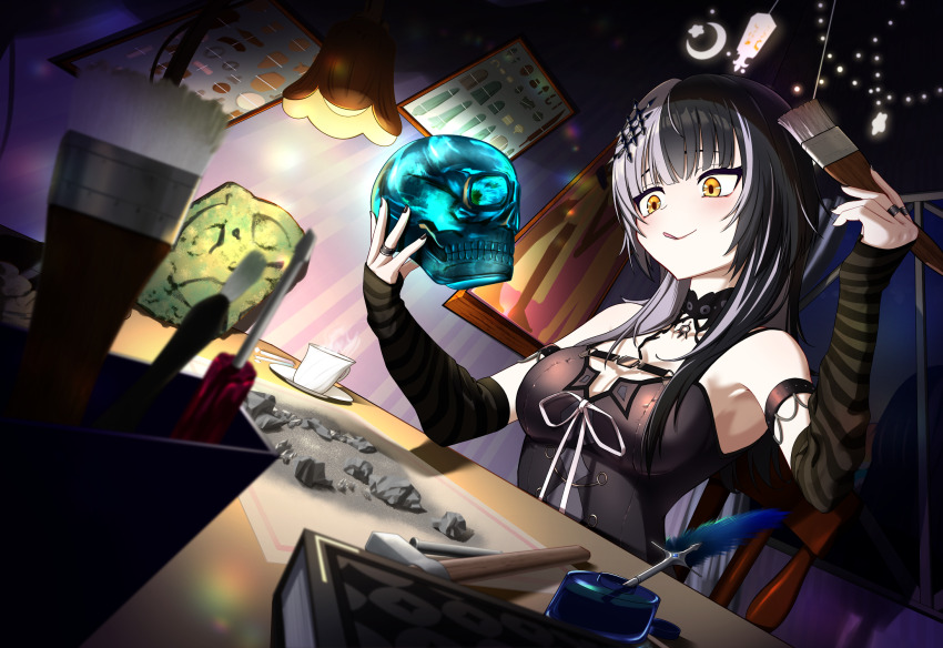 1girl arm_strap black_arm_warmers black_choker black_dress black_hair black_nails book breasts choker crescent cup desk desk_lamp dress grey_hair harrybyharry highres holding holding_brush holding_skull hololive hololive_english indoors inkwell jewelry lamp large_breasts long_hair multicolored_hair quill ribbon ring rock saucer shiori_novella shiori_novella_(1st_costume) skull solo split-color_hair striped_arm_warmers teacup tongue tongue_out two-tone_hair virtual_youtuber white_ribbon yellow_eyes