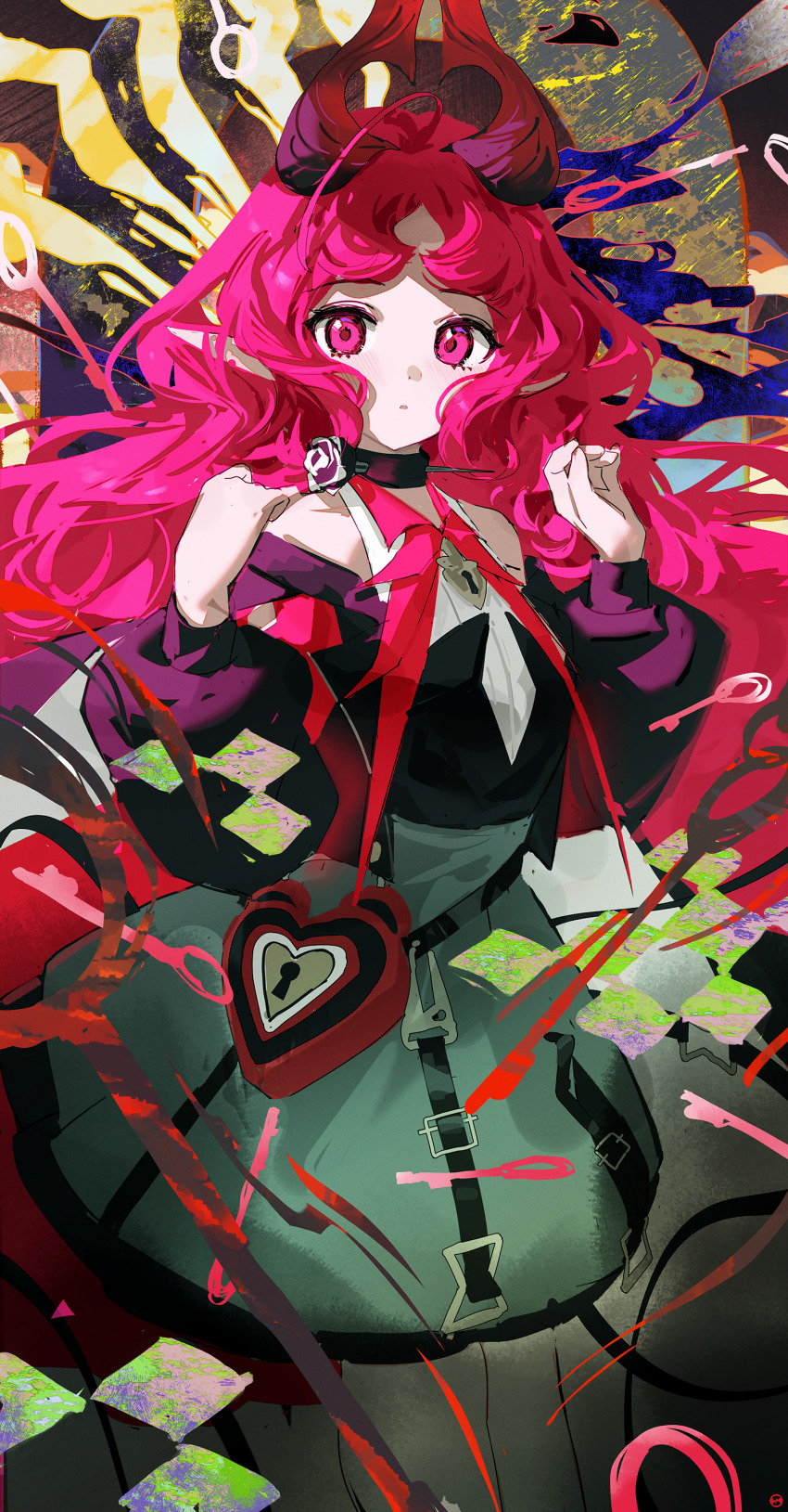 1girl absurdres arknights bare_shoulders clothing_cutout commentary_request demon_girl demon_horns green_skirt hands_up heart-shaped_bag heart-shaped_lock highres horns keyhole long_hair long_sleeves looking_at_viewer nymph_(arknights) open_mouth pink_eyes pink_hair pointy_ears puffy_long_sleeves puffy_sleeves red_horns red_tail shoulder_cutout skirt solo songchuan_li thigh_cutout