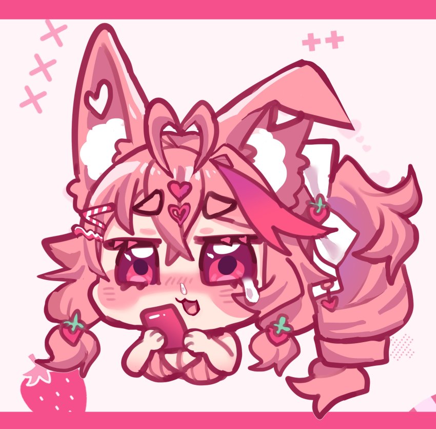 1girl absurdres ahoge animal_ear_fluff animal_ears blush chibi crying food-themed_hair_ornament fox_ears fox_girl hair_ornament hairclip highres indie_virtual_youtuber kireina_(osiimi) open_mouth osiimi pink_eyes pink_hair strawberry_hair_ornament virtual_youtuber