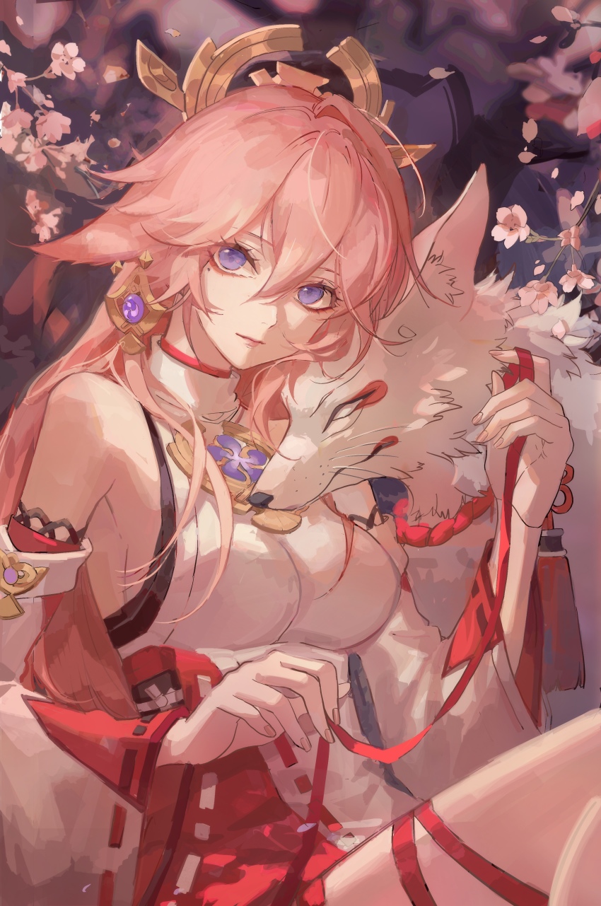 1girl absurdres animal_ears bare_shoulders breasts cherry_blossoms detached_sleeves earrings fox_ears genshin_impact hair_between_eyes hair_ornament highres holding japanese_clothes jewelry knot large_breasts long_hair long_sleeves looking_at_viewer miko mole mole_under_eye pink_hair purple_eyes purple_hair solo tassel upper_body wide_sleeves yae_miko zerotabi1210