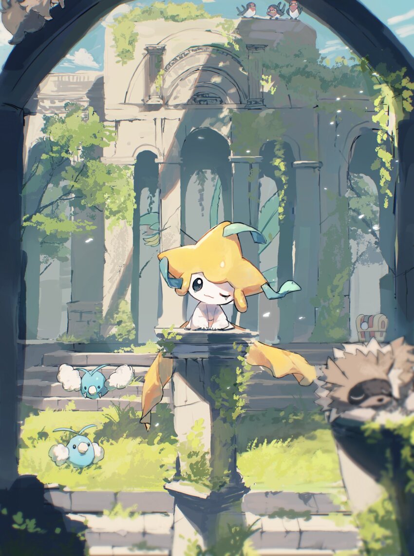 :3 building closed_mouth colored_skin commentary day gen_3_pokemon gimmighoul gimmighoul_(chest) grass highres jirachi legendary_pokemon looking_at_viewer moufuillust mythical_pokemon nintendo no_humans one_eye_closed outdoors pokemon pokemon_(creature) ruins scenery sleeping solo_focus swablu taillow tanzaku tree tropius white_skin wings zigzagoon