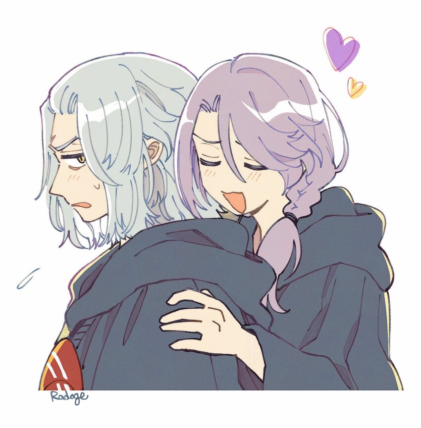 2boys artist_name blush braid cropped_torso emet-selch final_fantasy final_fantasy_xiv grey_hair heart highres hythlodaeus long_hair looking_back male_focus medium_hair multiple_boys purple_hair radoge14 side_braid simple_background sophist&#039;s_robe_(ff14) sweatdrop white_background yaoi yellow_eyes