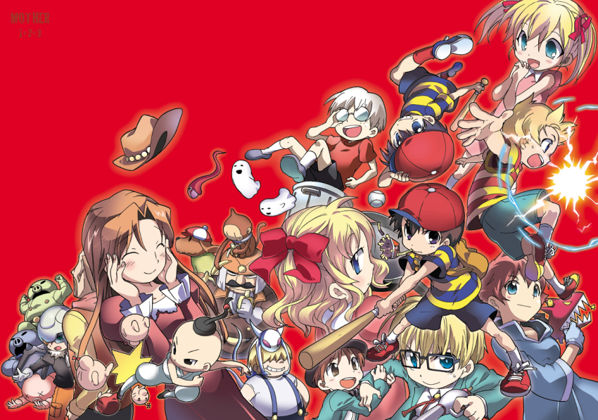 4girls 6+boys ana_(mother) bad_id bad_pixiv_id banana baseball baseball_cap blonde_hair blue_eyes boney claus_(mother_3) copyright_name cowboy_hat dog doseisan dress eating facial_hair fat fat_man flint_(mother_3) floating food french_fries fruit frying_pan ghost giygas glasses gloves hair_ribbon hat hinawa jeff_andonuts kicking kumatora lloyd_(mother) lucas_(mother_3) monkey mother_(series) mother_1 mother_2 mother_3 multiple_boys multiple_girls mustache ness_(mother_2) ninten nintendo opaque_glasses overalls own_hands_clasped own_hands_together paula_(mother_2) pigmask porky_minch red_background ribbon rope_snake samba_(mother) shirataki shirt short_hair short_twintails shorts simple_background smile snake striped_clothes striped_shirt sweatdrop t-shirt tony_(mother_2) trash_can twintails ultimate_chimera yokuba