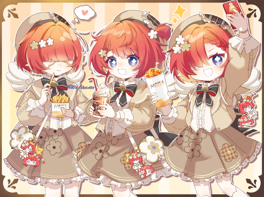 3girls angel_wings beret black_bow black_bowtie blue_eyes bow bowtie brown_skirt brown_vest character_charm charm_(object) commentary_request cross-shaped_pupils cup flower food french_fries hair_flower hair_ornament hair_over_one_eye hat heart highres holding holding_cup holding_food holding_phone honkai:_star_rail honkai_(series) ice_cream multiple_girls open_mouth phone pointy_ears red_hair shirt short_hair skirt smile speech_bubble sundae symbol-shaped_pupils thought_bubble trianne_(honkai:_star_rail) tribbie_(honkai:_star_rail) trinnon_(honkai:_star_rail) twitter_username two-tone_background vest white_blindfold white_shirt wings yaruco_(freedumco)