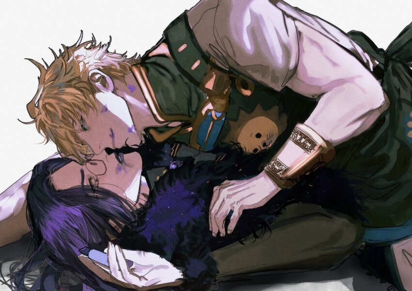 2boys absurdres aladdin_(sinoalice) apron black_hair black_sleeves blonde_hair blue_eyes bridal_gauntlets cosmetics crossdressing feather_boa glasses hameln_(sinoalice) highres holding holding_lipstick_tube lipstick lipstick_tube long_hair looking_at_another lying lying_on_person makeup multicolored_hair multiple_boys ogata69 on_back purple_hair purple_lips red_eyes second-party_source short_hair simple_background sinoalice two-tone_hair white_background wrist_cuffs yaoi