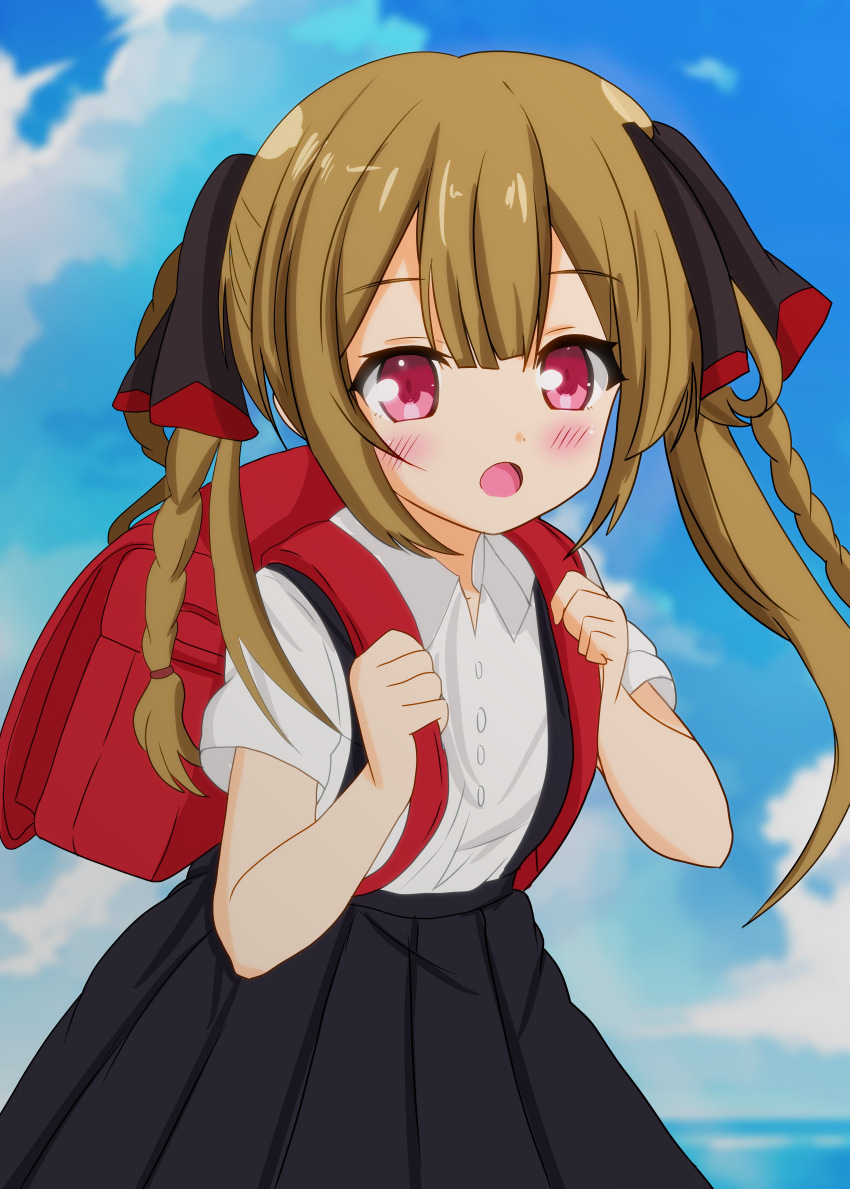 1girl absurdres aged_down assault_lily backpack bag black_ribbon black_skirt blue_sky blunt_bangs blurry blurry_background blush braid brown_hair buttons child cloud collared_shirt commentary cowboy_shot day ebisu_nobu hair_ribbon hands_up high-waist_skirt highres holding_strap horizon imai_seira long_hair looking_at_viewer ocean open_mouth outdoors pink_eyes pleated_skirt randoseru red_ribbon ribbon school_uniform shirt shirt_tucked_in short_sleeves skirt sky smile solo standing suspender_skirt suspenders twin_braids twintails two-tone_ribbon white_shirt