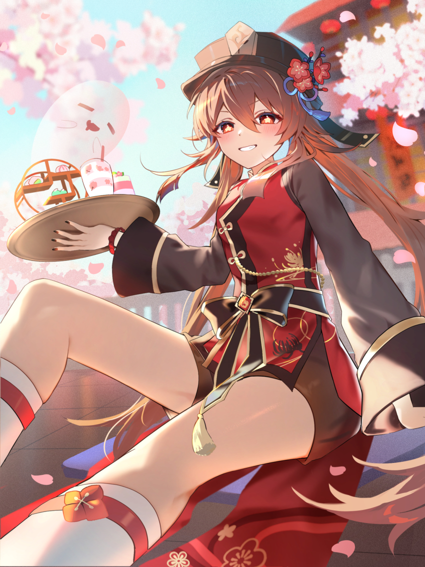 1girl azna boo_tao_(genshin_impact) brown_hair genshin_impact hat highres hu_tao_(genshin_impact) long_hair long_sleeves outdoors red_eyes smile solo twintails