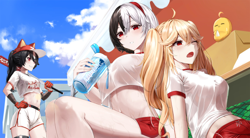 3girls absurdres ahoge alternate_costume animal_print azur_lane baseball baseball_bat baseball_cap baseball_uniform black_hair blonde_hair blue_sky bluecher_(azur_lane) bottle box breasts bruenhilde_(azur_lane) bruenhilde_(grain-seizing_grani)_(azur_lane) cardboard_box cropped_shirt day dolphin_shorts fang first_one14 from_below gloves gym_uniform hair_between_eyes hammerhead_shark hat highres holding holding_baseball_bat holding_bottle large_breasts looking_at_viewer manjuu_(azur_lane) medium_breasts midriff multicolored_hair multiple_girls official_alternate_costume open_mouth outdoors red_eyes red_gloves red_shorts see-through_clothes see-through_shirt see-through_silhouette sharp_teeth shirt shorts sitting skin_fang sky sportswear sweat teeth two-tone_hair water_bottle white_hair white_shirt white_shorts z16_(azur_lane) z16_(guaranteed_grand_slam)_(azur_lane)