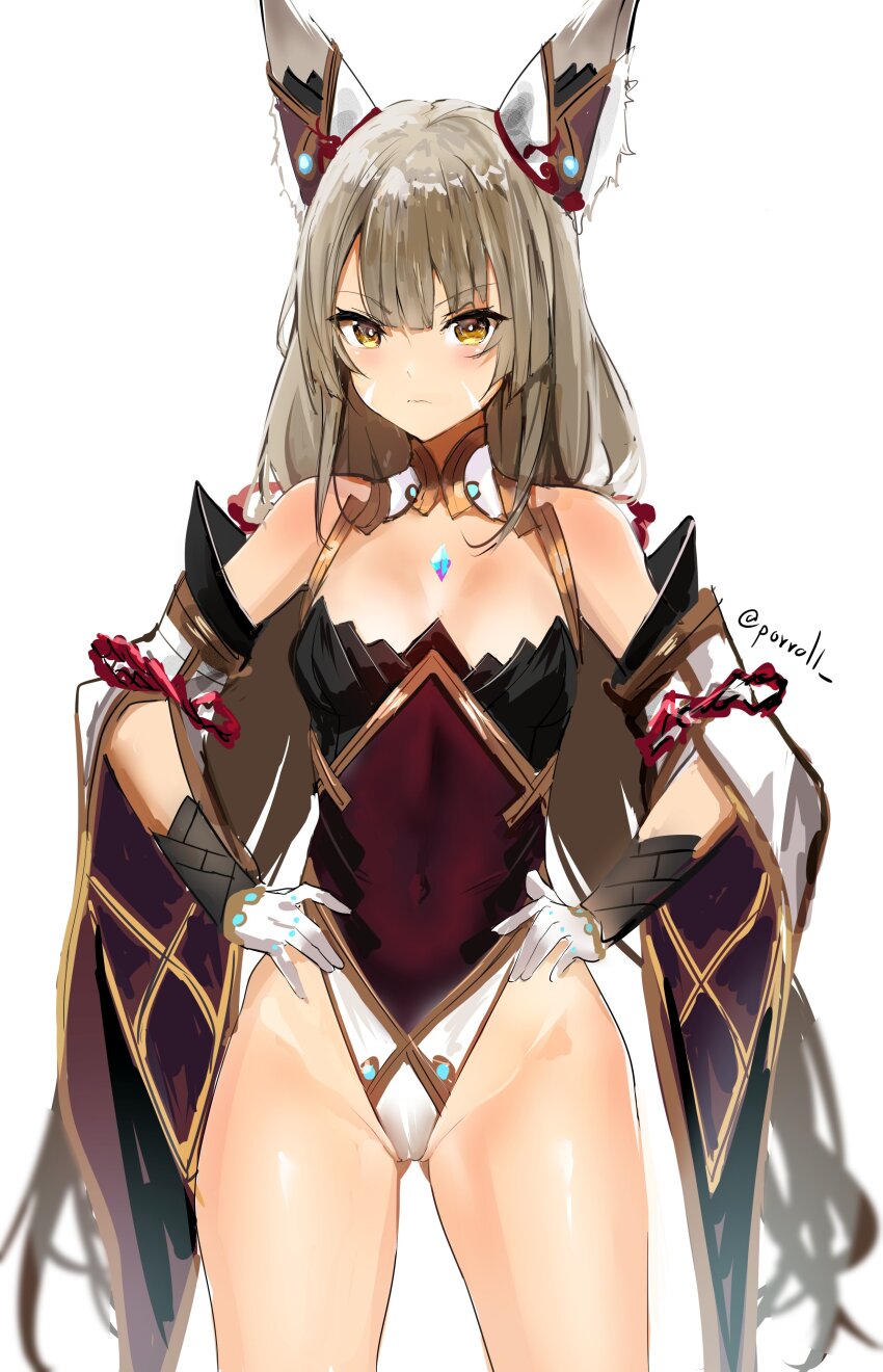 1girl absurdres animal_ear_fluff animal_ears artist_name bare_shoulders black_leotard chest_jewel closed_mouth covered_navel detached_sleeves facial_mark gloves gluteal_fold grey_hair hands_on_own_hips highleg highleg_leotard highres leotard long_hair looking_at_viewer nia_(blade)_(xenoblade) nia_(xenoblade) porroll simple_background solo very_long_hair white_background white_gloves xenoblade_chronicles_(series) xenoblade_chronicles_2 yellow_eyes