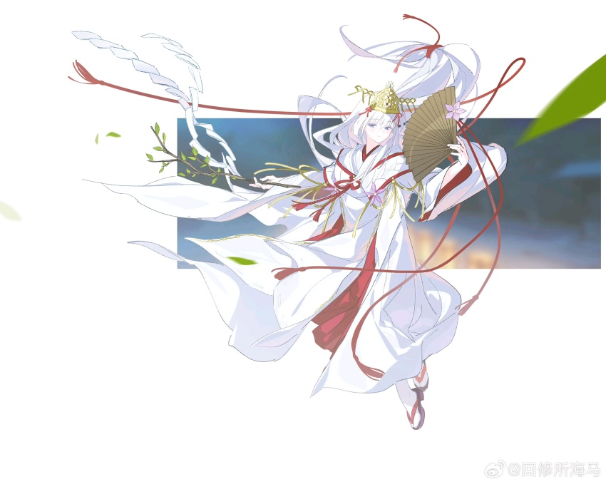 1girl branch chinese_commentary closed_mouth commentary_request folding_fan full_body gohei hair_ornament hakama hand_fan highres holding holding_branch holding_fan holding_gohei japanese_clothes kimono light_smile long_hair looking_at_viewer miko naruse_shiroha red_hakama red_ribbon ribbon sandals socks solo summer_pockets tabi tatatsu white_hair white_kimono white_socks zouri