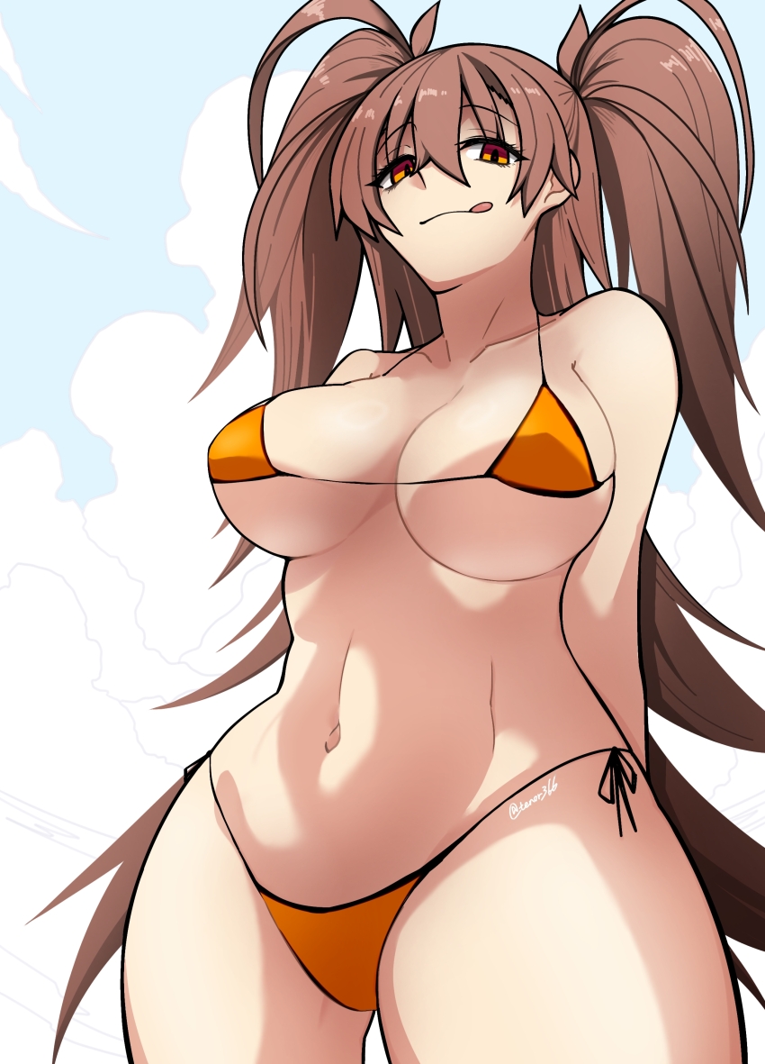 1girl absurdres bikini blush breasts brown_hair closed_mouth dr._arach highres large_breasts long_hair looking_at_viewer moyashi_(tenor366) navel orange_bikini orange_eyes solo swimsuit tongue tongue_out translation_request tsukihime tsukihime_(remake)