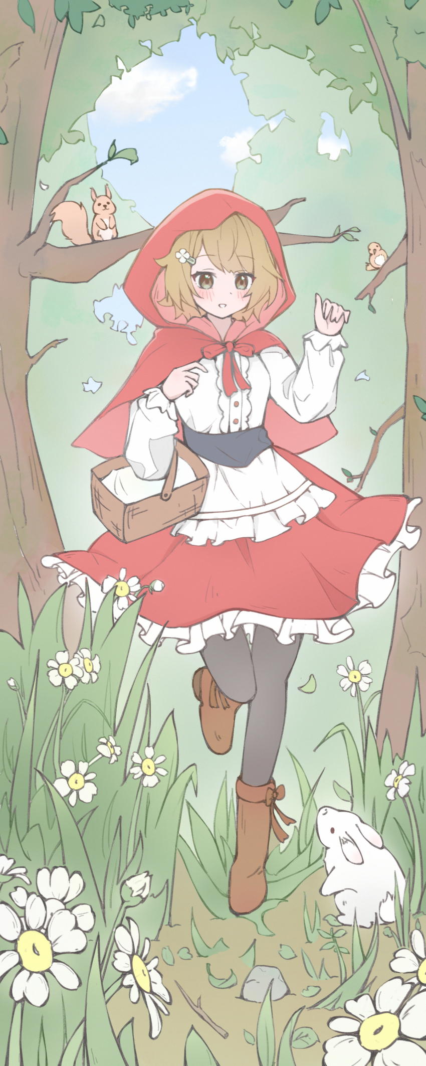 1girl :d absurdres basket bird black_pantyhose blue_sky blush boots breasts brown_eyes brown_hair brown_shoes capelet center_frills clenched_hands cloud commentary_request daisy day dress flower flower_hairpin forest frilled_dress frills grass grin highres holding holding_basket hood hood_up little_red_riding_hood long_sleeves nature neck_ribbon newminds open_mouth outdoors pantyhose picnic_basket puffy_sleeves rabbit red_capelet red_dress red_ribbon ribbon rock shoes short_hair skipping sky small_breasts smile solo squirrel swept_bangs tall_grass tree w_arms
