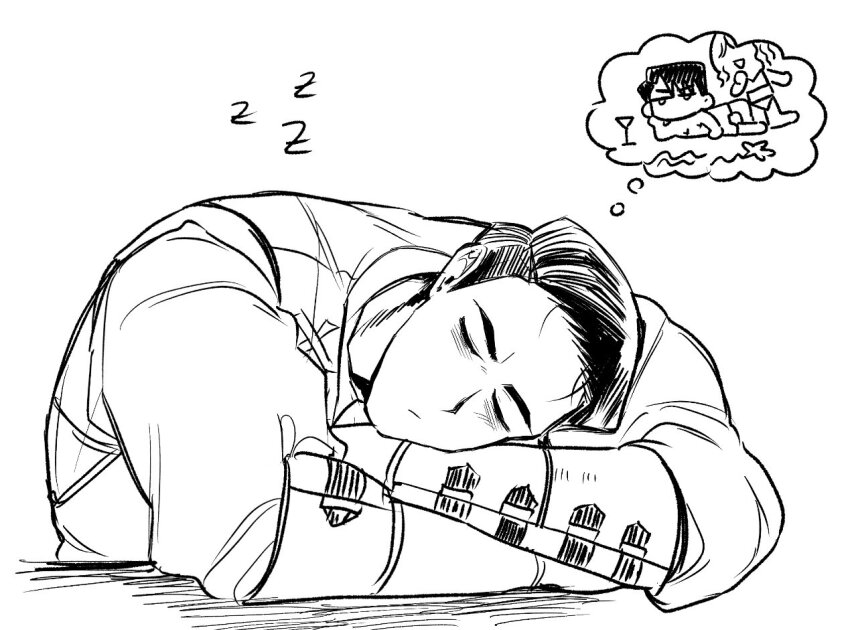 1girl collared_shirt crossed_arms dreaming gauntlets hair_slicked_back limbus_company long_sleeves male_focus meursault_(project_moon) nyak_138 project_moon shirt sleeping sleeping_on_desk solo speech_bubble thought_bubble vest