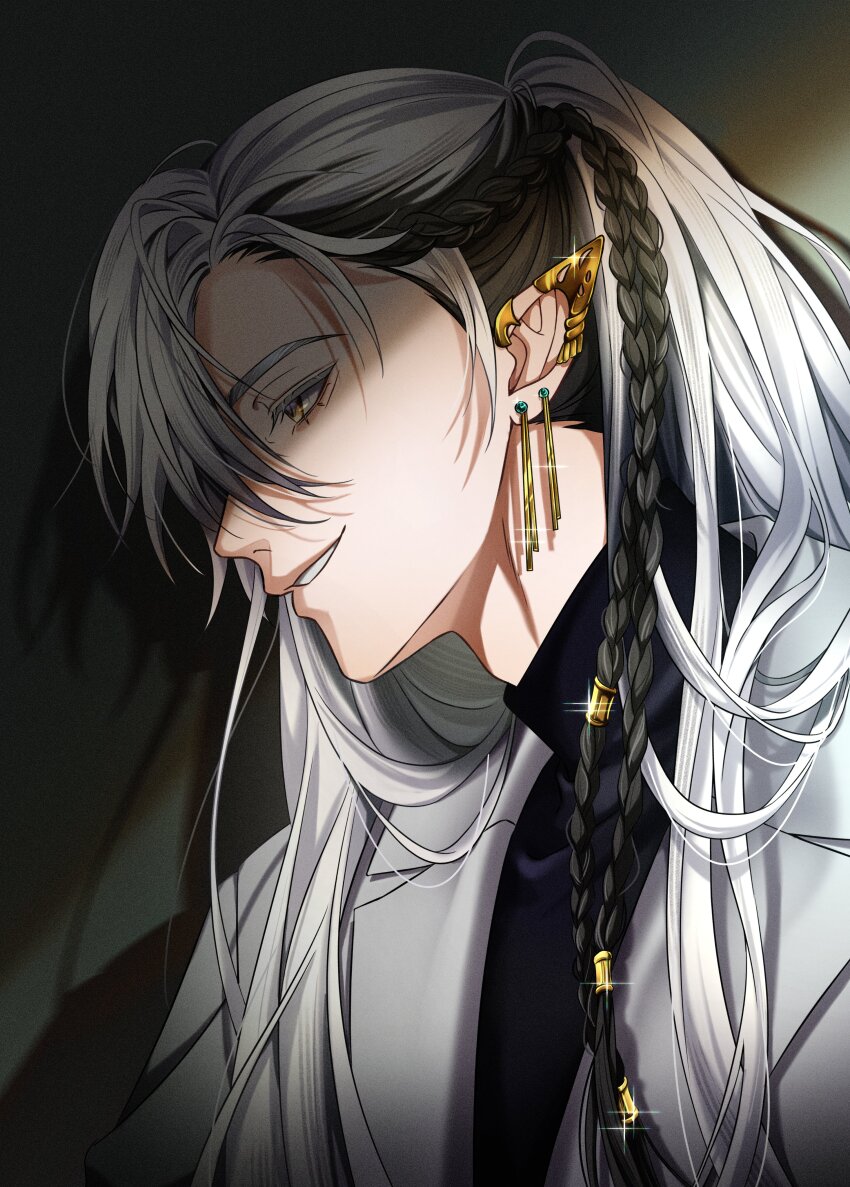 1boy absurdres braid cassian_floros dangocue earrings first_stage_production formal_clothes highres jewelry long_hair pointy_ears smirk suit virtual_youtuber white_hair yellow_eyes