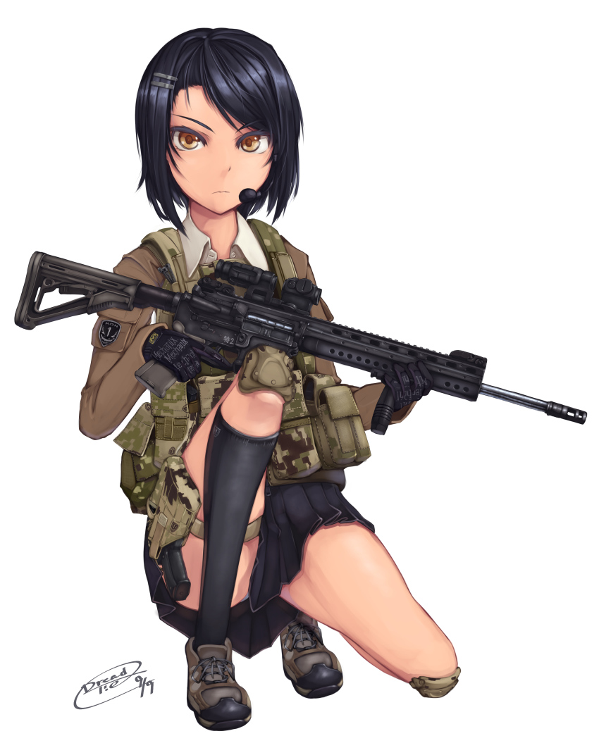 1girl absurdres assault_rifle bad_id bad_pixiv_id black_hair bob_cut brown_eyes camouflage dreadtie female_focus gun hair_ornament hairclip handgun headset highres holster knee_pads kneehighs load_bearing_vest military_operator original panties pantyshot pistol rifle shoes short_hair sig_sauer simple_background skirt sneakers socks solo squatting thigh_holster underwear weapon