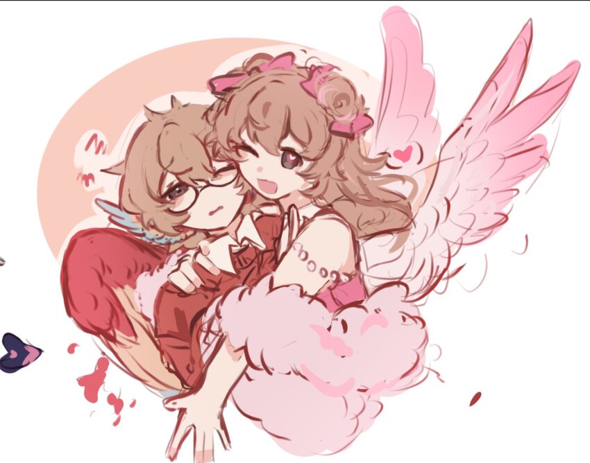 2boys animification ariana_griande_(hermitcraft) bird_boy bird_wings bow brown_hair chinese_commentary commentary_request crossdressing double_bun drag_queen dress dual_persona glasses grian_(youtuber) hair_bow hair_bun head_wings heart hermitcraft highres hug long_hair male_focus michael28472610 minecraft_youtube multiple_boys one_eye_closed parrot_boy pink_bow pink_dress short_hair trap white_background wings