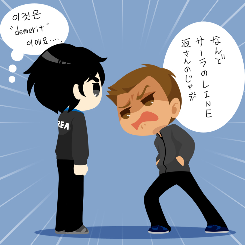 2boys alternate_eye_color black_hair brown_eyes brown_hair dark_skin dark-skinned_male grey_eyes hands_in_pockets highres jacket kaorin_minogue korean_text lee_seung-gil male_focus michele_crispino multiple_boys shaded_face track_jacket translation_request yuri!!!_on_ice