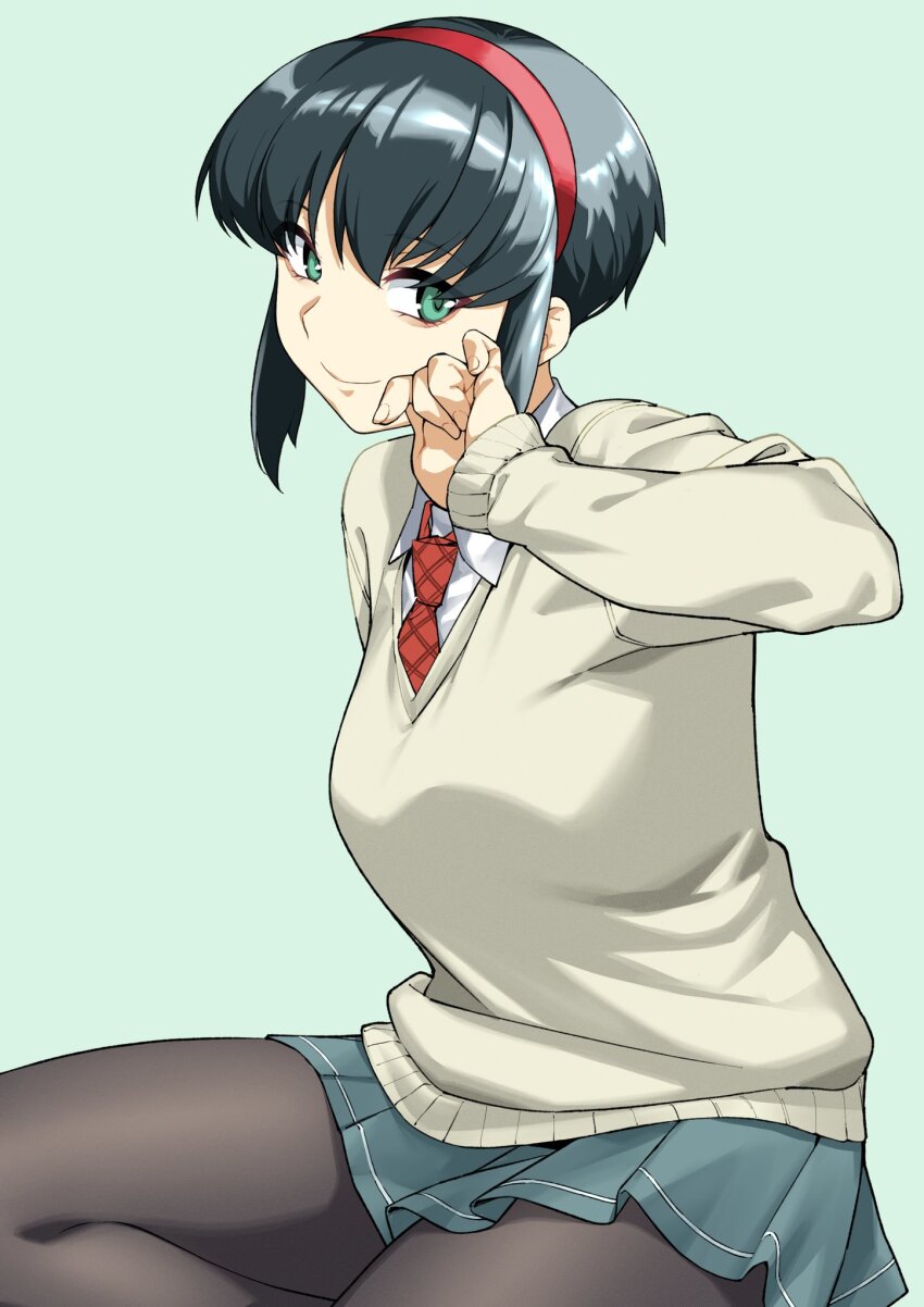 1girl black_hair collared_shirt green_eyes hairband hatakenaka_(kamagabuchi) highres kumashiro_sakuya looking_at_viewer miniskirt necktie pantyhose shin_tenchi_muyou! shirt short_hair sitting skirt smile solo sweater tenchi_muyou!
