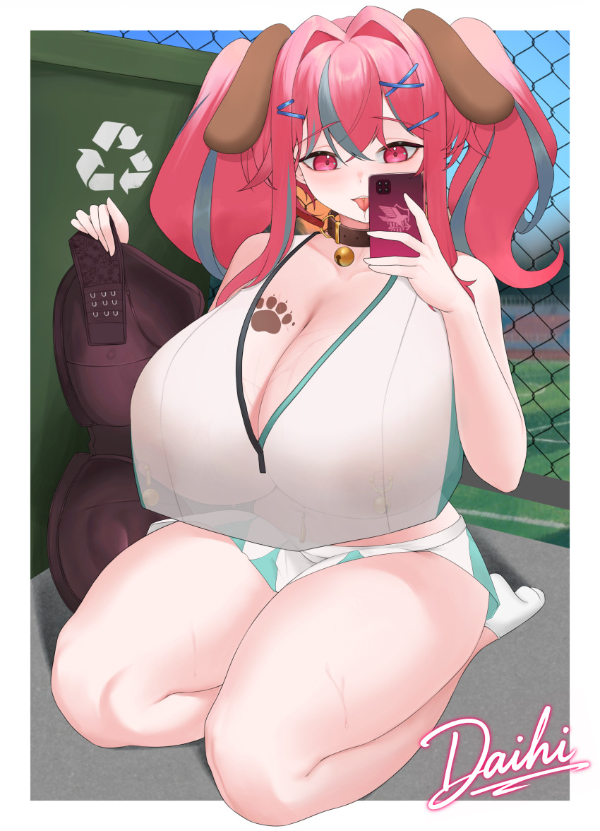 1girl absurdres animal_ears azur_lane bare_shoulders black_bra black_collar blue_sky body_markings border bra breasts bremerton_(azur_lane) bremerton_(scorching-hot_training)_(azur_lane) cellphone chain-link_fence chinese_commentary cleavage cloud collar collarbone commentary_request covered_navel crop_top crop_top_overhang crossed_bangs daihi2038_(mime10) dog_ears dumpster eagle_union_(emblem) fake_animal_ears fence full_body green_skirt grey_hair hair_between_eyes hair_intakes hair_ornament highres holding holding_phone huge_breasts long_hair mole mole_on_breast multicolored_hair navel_piercing nipple_piercing official_alternate_costume outdoors partial_commentary phone piercing pink_eyes pink_hair presenting_bra saliva see-through_clothes see-through_shirt seiza shadow shirt sidelocks signature sitting skirt sky sleeveless sleeveless_shirt smartphone socks solo sportswear stomach streaked_hair sweat tennis_court tennis_uniform tongue tongue_out tongue_piercing twintails two-tone_hair two-tone_shirt two-tone_skirt underwear unworn_bra variant_set white_border white_shirt white_skirt white_socks x_hair_ornament