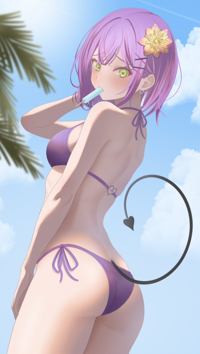 1girl alternate_costume ass bare_arms bare_shoulders bikini blue_sky blush breasts cloud commentary_request contrail cowboy_shot day demon_tail double-parted_bangs earrings flower food food_in_mouth from_side furrowed_brow green_eyes hair_between_eyes hair_flower hair_ornament highres hillgar0 hololive jewelry looking_at_viewer medium_breasts multicolored_hair outdoors palm_leaf pink_hair popsicle popsicle_in_mouth purple_bikini purple_hair short_hair side-tie_bikini_bottom sky solo standing streaked_hair swimsuit tail tokoyami_towa two-tone_hair virtual_youtuber x_hair_ornament yellow_flower