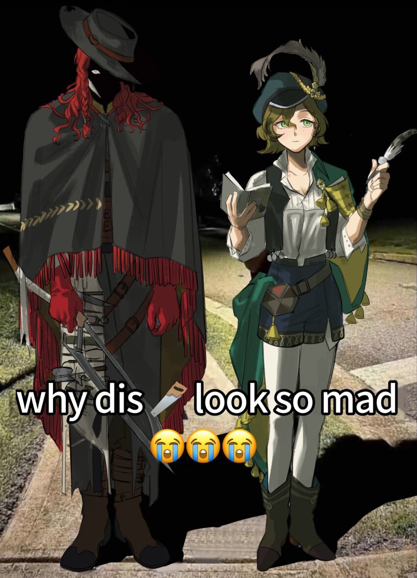 1boy 1girl aleph_(reverse:1999) belt_pouch black_cape black_hat black_pants black_shorts boots breasts brown_boots brown_hair cabbie_hat cape cleavage collared_shirt crying_emoji emoji english_text eyes_in_shadow face_in_shadow full_body gloves green_cape green_eyes green_hat hacksaw hands_up hat hat_feather hat_over_one_eye highres holding holding_notebook holding_quill holding_saw khakakaka long_hair looking_at_viewer meme mole mole_under_eye night notebook outdoors pants pantyhose photo_background pouch quill recoleta_(reverse:1999) red_gloves red_hair reverse:1999 saw shirt short_hair short_shorts shorts side-by-side side_cape sidewalk smile standing tilted_headwear tool_kit white_pantyhose white_shirt why_dis_ninja_look_so_mad_(meme)