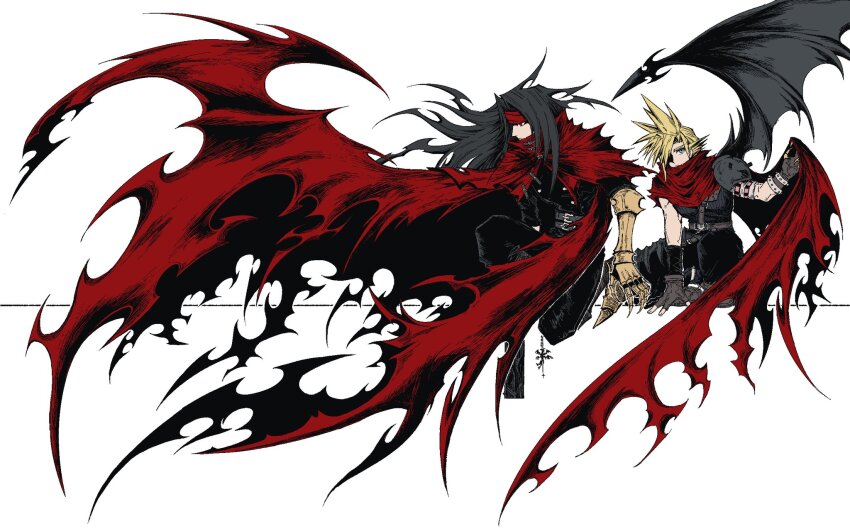 2boys baggy_pants black_hair black_pants black_shirt blonde_hair blue_eyes brown_shirt clawed_gauntlets cloak cloud_strife demon_wings dirge_of_cerberus_final_fantasy_vii entropy12426 final_fantasy final_fantasy_vii fingerless_gloves full_body gloves hair_over_one_eye headband highres kingdom_hearts long_hair male_focus multiple_boys official_alternate_costume on_one_knee pants red_cloak red_eyes red_headband shirt short_hair single_wing spiked_hair suspenders torn_cloak torn_clothes vincent_valentine white_background wings