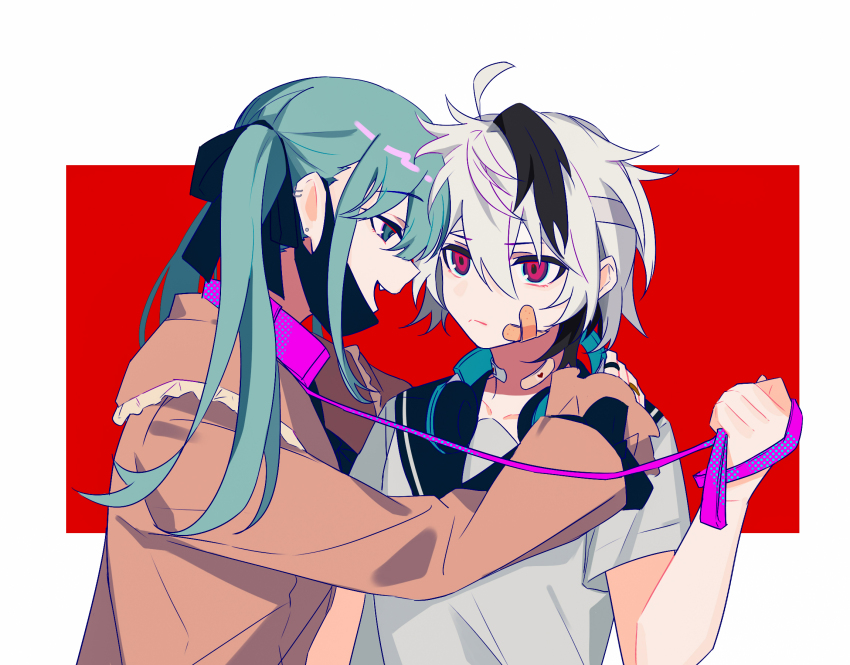 2girls ahoge aqua_eyes aqua_hair aqua_headphones arm_at_side bandaid bandaid_on_cheek bandaid_on_face bandaid_on_neck black_hair black_mask black_ribbon black_sailor_collar border closed_mouth collar ear_piercing fang flower_(vocaloid) flower_(vocaloid4) frilled_shirt frills hair_between_eyes hair_ribbon hand_on_another&#039;s_shoulder hatsune_miku headphones headphones_around_neck highres holding holding_leash jewelry leash long_sleeves looking_at_another mask mask_pull medium_hair mouth_mask multicolored_hair multiple_girls open_mouth piercing pink_collar pink_eyes pink_leash red_background red_shirt ribbon ring sailor_collar shirt short_hair short_sleeves smile streaked_hair twintails upper_body vampire_(vocaloid) vocaloid white_border white_hair white_shirt ximuye