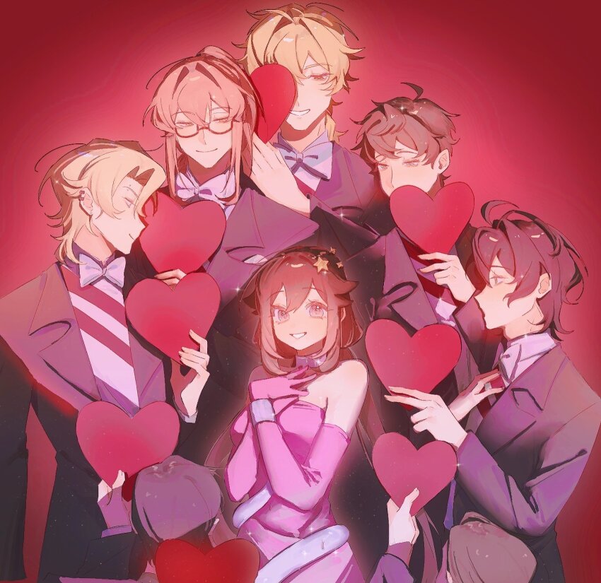 1girl 6+boys alex_(degrees_of_lewdity) alex_(male)_(degrees_of_lewdity) blonde_hair brown_hair character_request covering_one_eye covering_own_mouth degrees_of_lewdity detached_sleeves dress formal_clothes giving glasses hair_ornament hand_on_own_chest heart highres kylar_(degrees_of_lewdity) kylar_(male)_(degrees_of_lewdity) male_harem multiple_boys pink_dress player_character_(degrees_of_lewdity) player_character_(female)_(degrees_of_lewdity) ponytail red_background sidelocks star_(symbol) star_hair_ornament suit sydney_(degrees_of_lewdity) sydney_(male)_(degrees_of_lewdity) wren_(degrees_of_lewdity) wren_(male)_(degrees_of_lewdity) you_niao