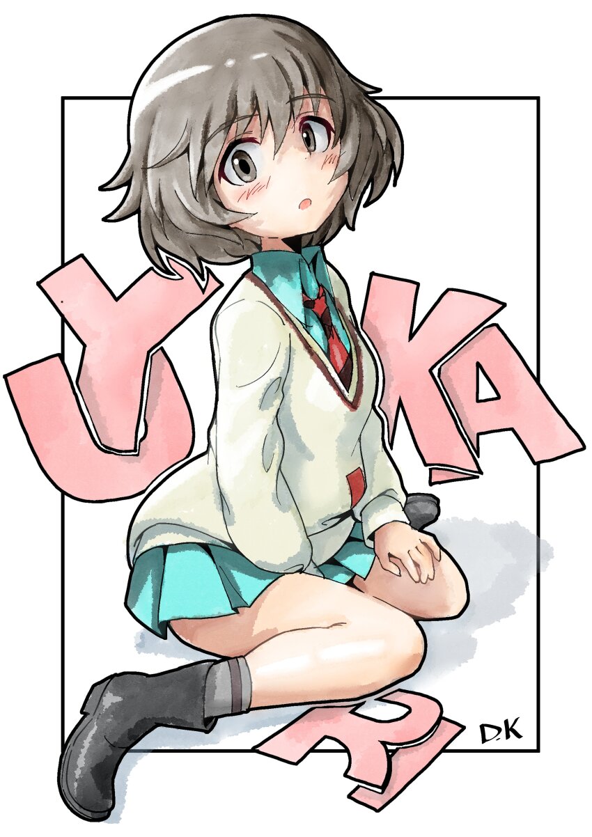 1girl absurdres akiyama_yukari amate_yuzuriha amate_yuzuriha_(cosplay) ankle_socks black_boots blue_shirt blue_skirt blush boots border brown_eyes brown_hair brown_sweater character_name collared_shirt commentary_request cosplay fluffy_hair girls_und_panzer grey_socks highres initial kuroneko_douji medium_hair miniskirt necktie open_mouth outside_border pleated_skirt red_necktie shadow shirt simple_background sitting skirt socks solo sweater v-neck wariza white_background