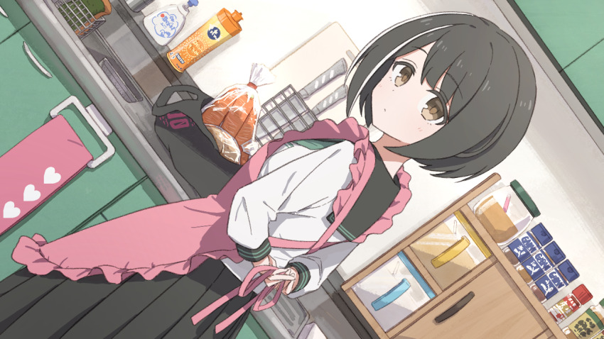1girl apron bag black_skirt brown_eyes counter from_behind fujiyama_(yellow) green_hair green_sailor_collar grocery_bag kitchen long_skirt long_sleeves looking_back multicolored_hair pink_apron pleated_skirt princess_connect! sailor_collar school_uniform shirt shopping_bag short_hair sink skirt streaked_hair tying_apron wakana_(princess_connect!) wakana_(real)_(princess_connect!) white_shirt white_streaks