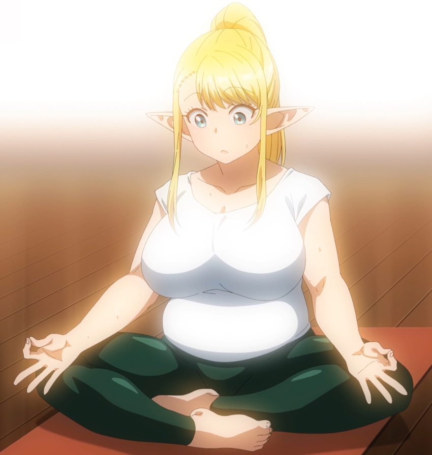 1girl absurdres barefoot blonde_hair blue_eyes breasts closed_mouth elf elf-san_wa_yaserarenai. elfuda_(elf-san_wa_yaserarenai.) feet female_focus full_body green_pants highres large_breasts medium_hair pants plump pointy_ears ponytail shirt short_sleeves sidelocks sitting solo stitched sweat third-party_edit toes white_shirt wooden_floor yoga yoga_mat yoga_pants