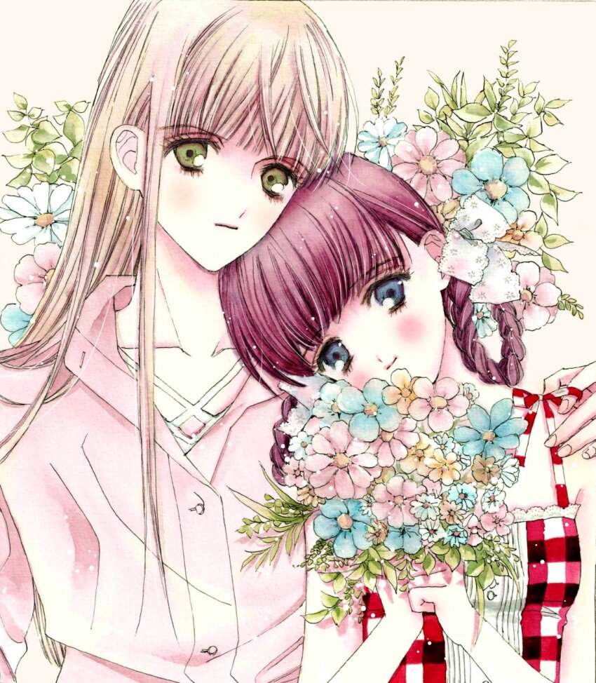 2girls blonde_hair braid floral_background flower hand_on_another&#039;s_shoulder highres holding holding_flower leaning_on_person light_smile multiple_girls nui_nakato original red_hair upper_body
