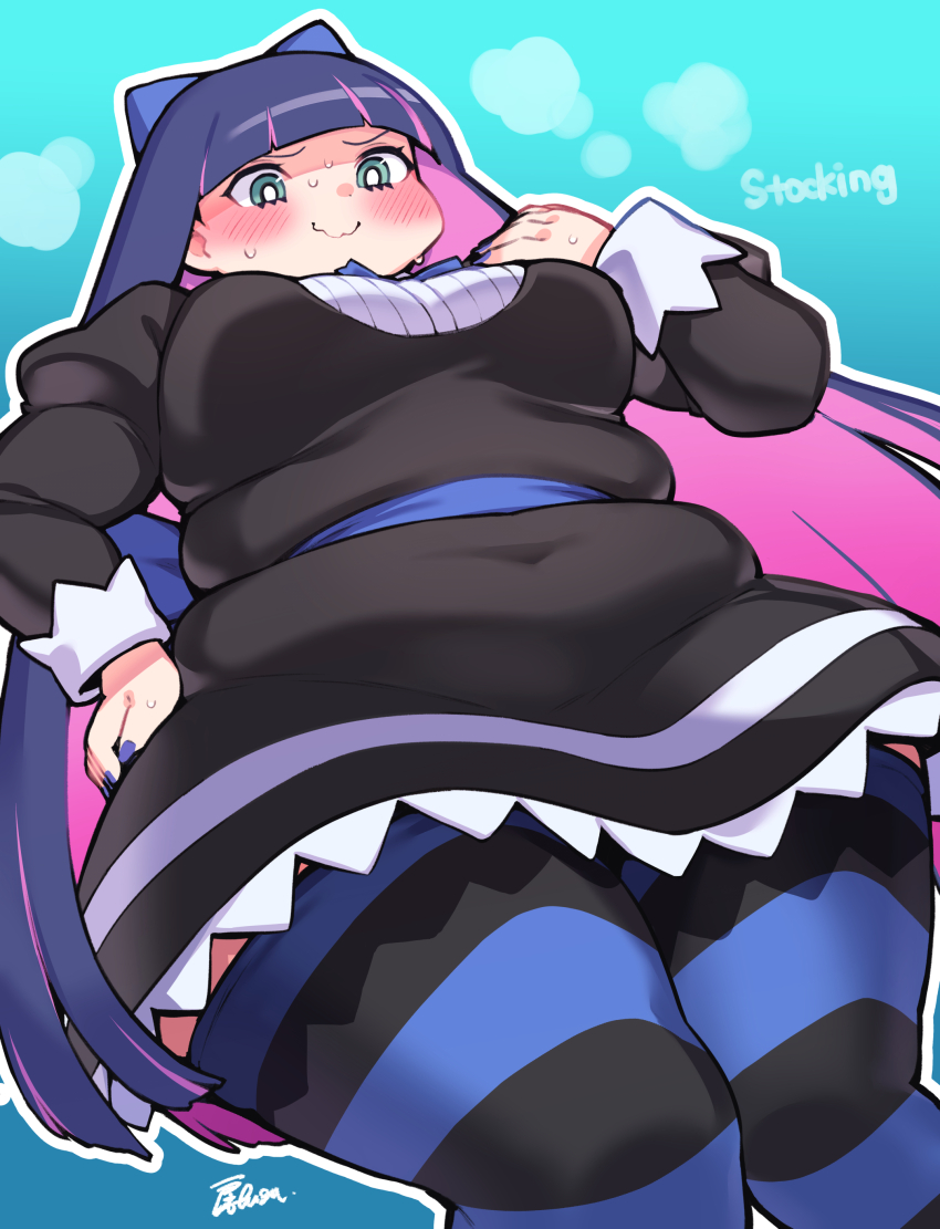 1girl absurdres alternate_body_size aqua_eyes blue_background blunt_bangs blush breasts closed_mouth dot_nose fat fat_woman feet_out_of_frame fusa_(starless2323) hand_on_own_hip highres large_breasts long_sleeves multicolored_hair outline panty_&amp;_stocking_with_garterbelt pink_hair skindentation solo stocking_(psg) sweat thick_thighs thighhighs thighs two-tone_hair white_outline