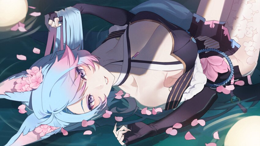 1girl absurdres animal_ears black_dress black_gloves blue_hair breasts cleavage colored_tips criss-cross_halter d4kou16 dress eyelashes fingerless_gloves fingernails flower_in_eye gloves halterneck highres indie_virtual_youtuber lips long_hair lying multicolored_hair on_back petals petals_on_liquid pink_hair pink_petals purple_eyes sharp_fingernails silvervale solo symbol_in_eye tail virtual_youtuber water wolf_ears wolf_girl wolf_tail