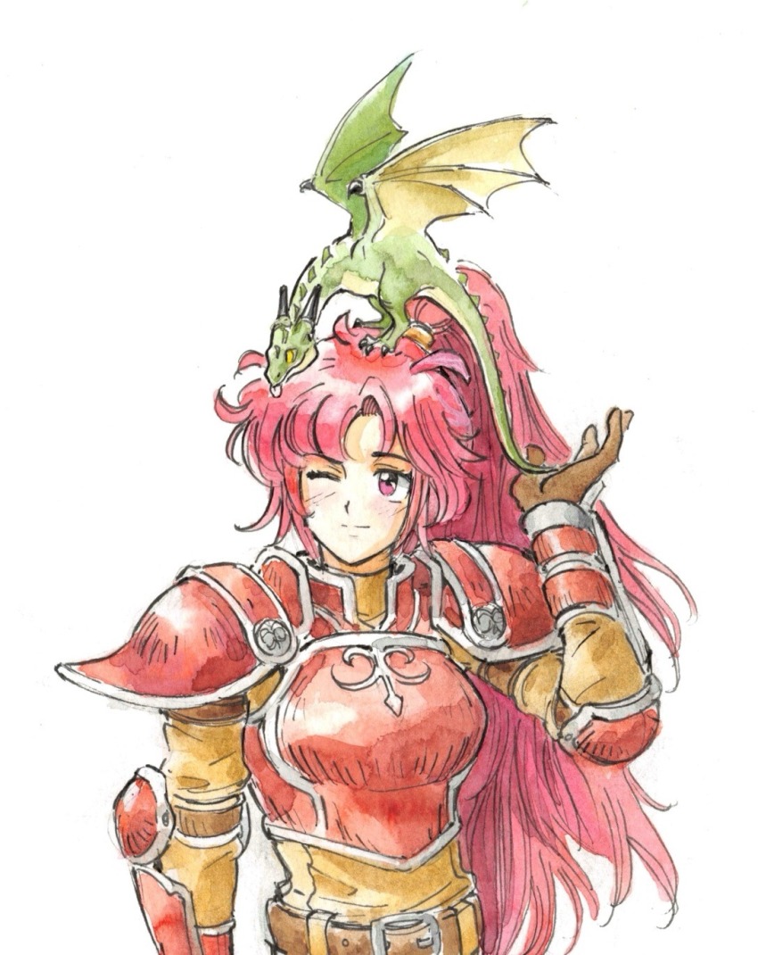 1990s_(style) 1girl armor belt breastplate breasts brown_gloves closed_mouth commentary dragon english_commentary fire_emblem fire_emblem:_path_of_radiance gloves high_ponytail highres jill_(fire_emblem) kirbuart medium_breasts nintendo one_eye_closed painting_(medium) pauldrons pink_eyes ponytail red_hair retro_artstyle shoulder_armor simple_background small_dragon smile solo standing traditional_media watercolor_(medium) white_background wyvern