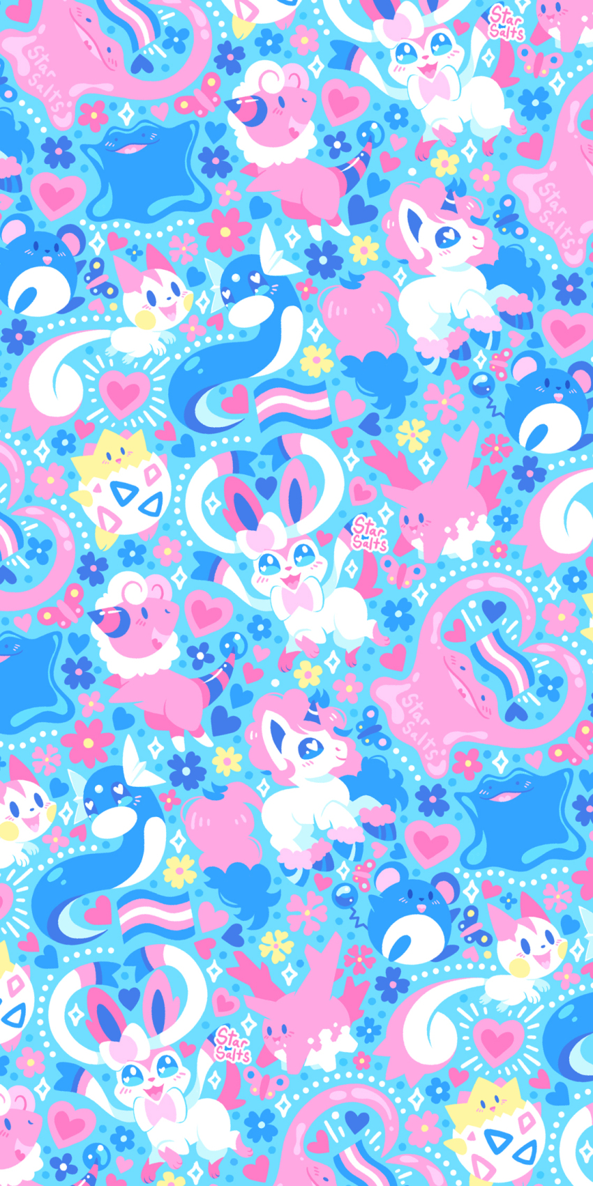 artist_name blue_background blue_flower blush_stickers bow bowtie commentary corsola ditto dratini english_commentary flaaffy flower galarian_form galarian_ponyta gen_1_pokemon gen_2_pokemon gen_4_pokemon gen_6_pokemon gen_8_pokemon heart heart_in_eye highres limited_palette marill mouse_(animal) nintendo no_humans notice_lines open_mouth pachirisu pink_bow pink_bowtie pink_flower pokemon pokemon_(creature) smile sparkle starsalts sylveon symbol_in_eye togepi transgender_flag unicorn