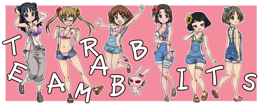 6+girls alternate_costume alternate_hairstyle ass bikini black_hair blonde_hair blue_bikini blue_eyes blue_hair blue_shorts blush breasts brown_eyes brown_hair butterfly_hair_ornament cleavage closed_mouth collarbone denim_overalls double_bun flip-flops flower freckles front-tie_bikini_top front-tie_top full_body girls_und_panzer glasses grey_eyes grey_overalls grey_shoes grin hair_bun hair_flower hair_ornament hair_up halterneck hands_on_own_head highres jumping long_hair looking_at_viewer maruyama_saki medium_breasts multiple_girls navel no_panties one_eye_closed oono_aya open_clothes open_shorts outline overalls pink_background pink_bikini purple_bikini rabbit_team sakaguchi_karina sandals sawa_azusa shoes short_hair shorts side-tie_bikini_bottom simple_background small_breasts smile sneakers sparkle standing standing_on_one_leg striped_bikini striped_clothes swimsuit takahashi_kurage thigh_strap twintails utsugi_yuuki white_bikini white_outline yamagou_ayumi yellow_bikini