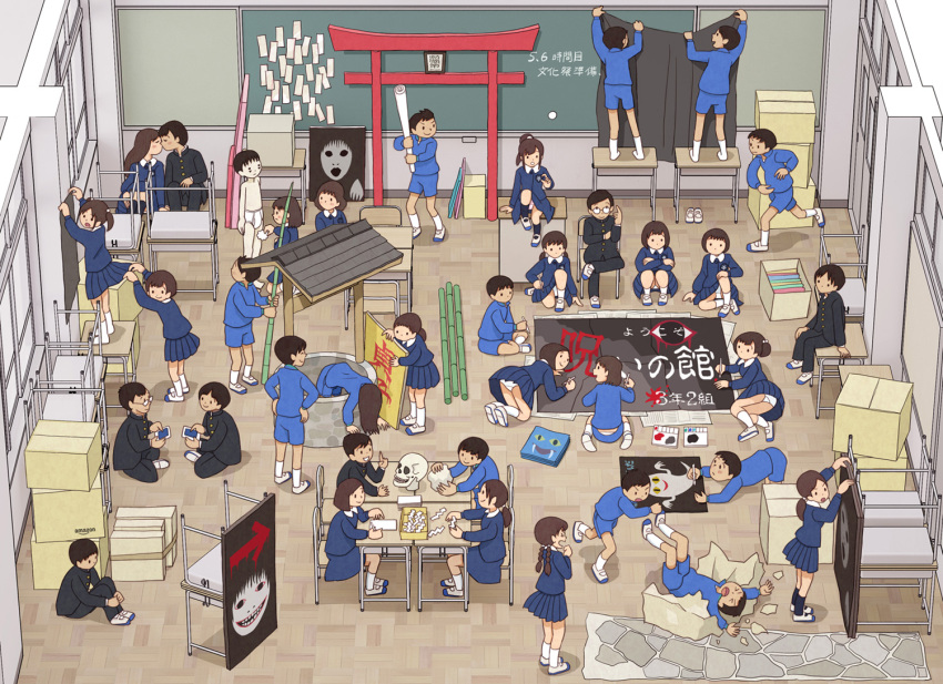 6+boys 6+girls black_jacket black_pants blue_jacket blue_shorts blue_skirt box cardboard_box chalkboard classroom clothes_lift commentary desk drawing_(action) jacket kiss kiyo_(kyokyo1220) male_underwear multiple_boys multiple_girls original panties pants pantyshot school_desk school_festival school_uniform shorts sitting skirt skirt_lift underwear white_male_underwear white_panties
