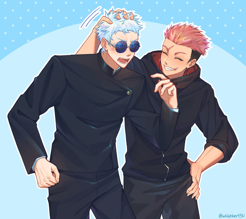 2boys aged_down aged_up black_hair black_pants blue_background blue_eyes closed_eyes closed_mouth commentary cowboy_shot facing_another gojou_satoru hand_on_own_hip highres hood itadori_yuuji jujutsu_kaisen jujutsu_tech_uniform long_sleeves male_focus multiple_boys open_mouth pants pink_hair round_eyewear scar scar_across_eyebrow scar_on_face scar_on_mouth short_hair sleeves_pushed_up smile teeth tongue undercut whishkert5u white_hair
