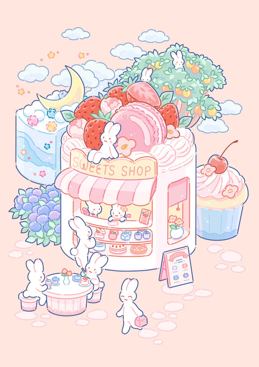 absurdres animal bakery cake chair cloud crescent_moon cup cupcake flower food food_focus fruit happy highres hiro046k looking_afar macaron moon no_humans on_chair orange_(fruit) original pink_background pink_flower plant plate potted_plant rabbit shop sitting spoon strawberry strawberry_slice sweets table tree walking whipped_cream