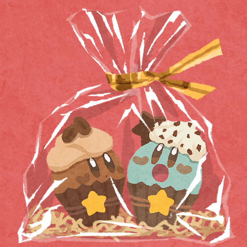 :o bag blush_stickers brown_eyes chocolate commentary cupcake food heart-shaped_blush_stickers kirby kirby_(series) miclot mint_chocolate nintendo no_humans open_mouth red_background valentine