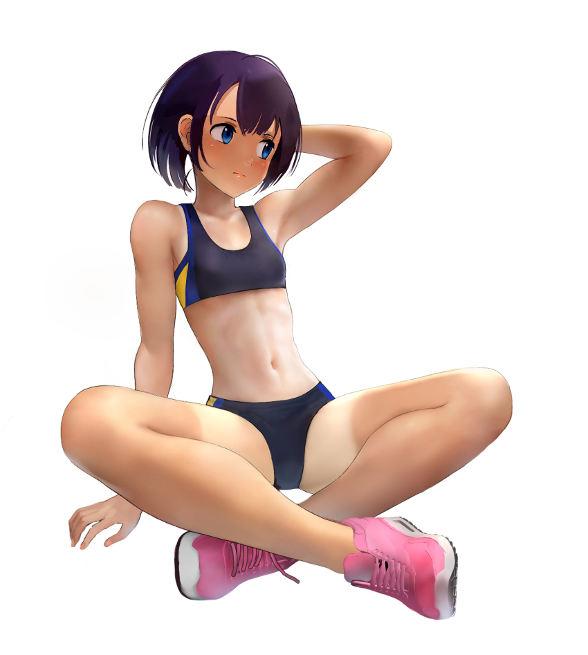 1girl abs arm_behind_head arm_support armpits bare_shoulders black_buruma black_sports_bra blue_eyes blue_trim bob_cut breasts buruma closed_mouth commentary expressionless hair_between_eyes highres indian_style looking_afar looking_to_the_side loose_hair_strand midriff navel okken on_ground original pink_shoes purple_hair shoes short_hair shorts_tan simple_background sitting small_breasts sneakers solo sports_bra spread_legs tan tanline tomboy toned toned_female track_and_field white_background yellow_trim