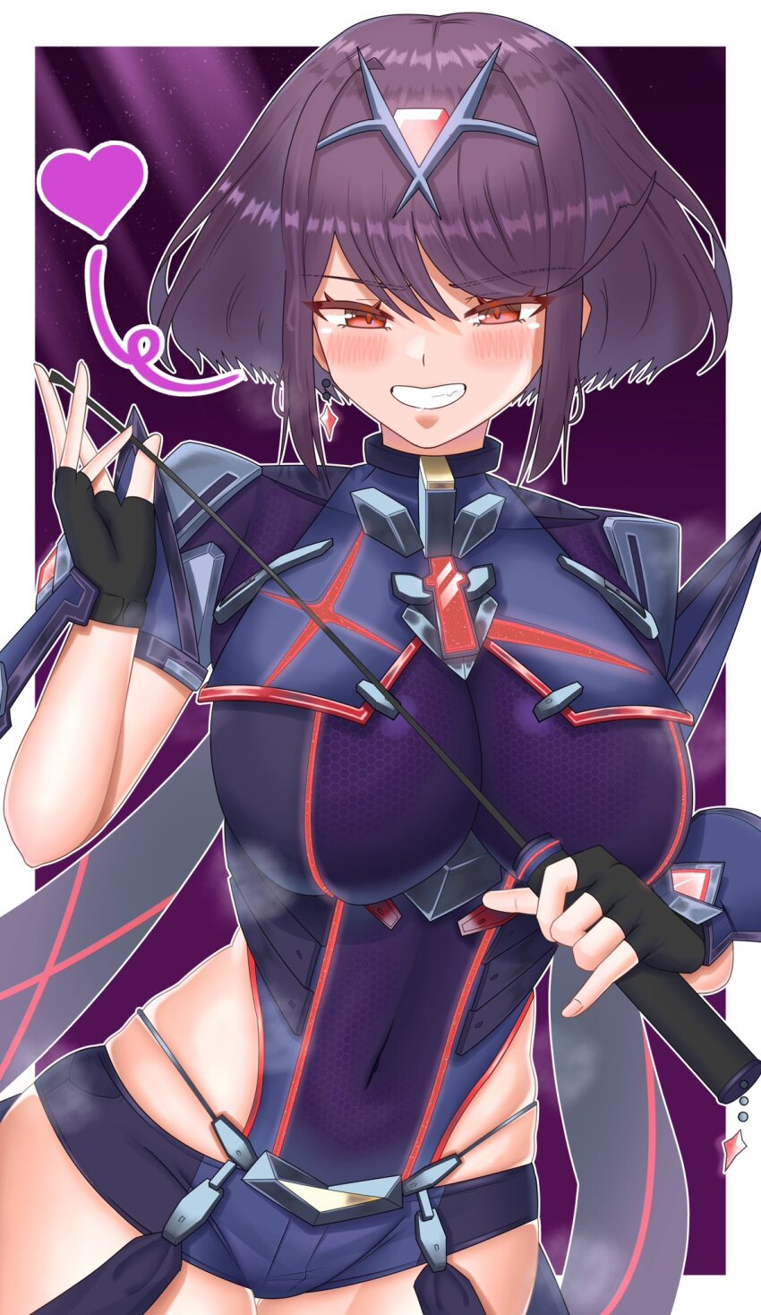 1girl black_hair black_shorts blush border breasts brown_hair chest_jewel commentary core_crystal_(xenoblade) cowboy_shot earrings heart highres holding holding_whip jewelry large_breasts leotard meipasuye parted_lips purple_background purple_leotard pyra_(xenoblade) short_hair short_shorts shorts smirk solo tiara white_border xenoblade_chronicles_(series) xenoblade_chronicles_2