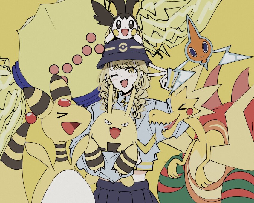 &gt;_&lt; 1girl 28ki_00 alternate_costume ampharos black_skirt blonde_hair blush braid bucket_hat color_connection commentary crossover dracozolt elekid emolga fangs fujita_kotone gakuen_idolmaster gen_2_pokemon gen_4_pokemon gen_5_pokemon gen_8_pokemon grey_shirt hair_over_shoulder hand_up hat highres holding holding_pokemon idolmaster legendary_pokemon long_hair looking_at_viewer low_twin_braids midriff nintendo on_head one_eye_closed open_mouth pleated_skirt pokemon pokemon_(creature) pokemon_on_head regieleki rotom rotom_(normal) shirt short_sleeves simple_background skin_fangs skirt smile symbol-only_commentary twin_braids v yellow_background yellow_eyes
