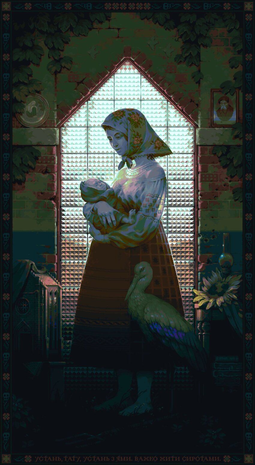 1boy 1girl 1other architecture baby barefoot bird blank_stare bonnet border brick_wall brown_eyes carrying carrying_baby carrying_person contra_bonos dim_lighting doll_house dress expressionless flower full_body gothic_architecture grass grid_print highres housewife multicolored_dress muted_color original ornate_border overgrown pixel_art portrait_(object) red_dress stork sunflower swaddled white_dress window
