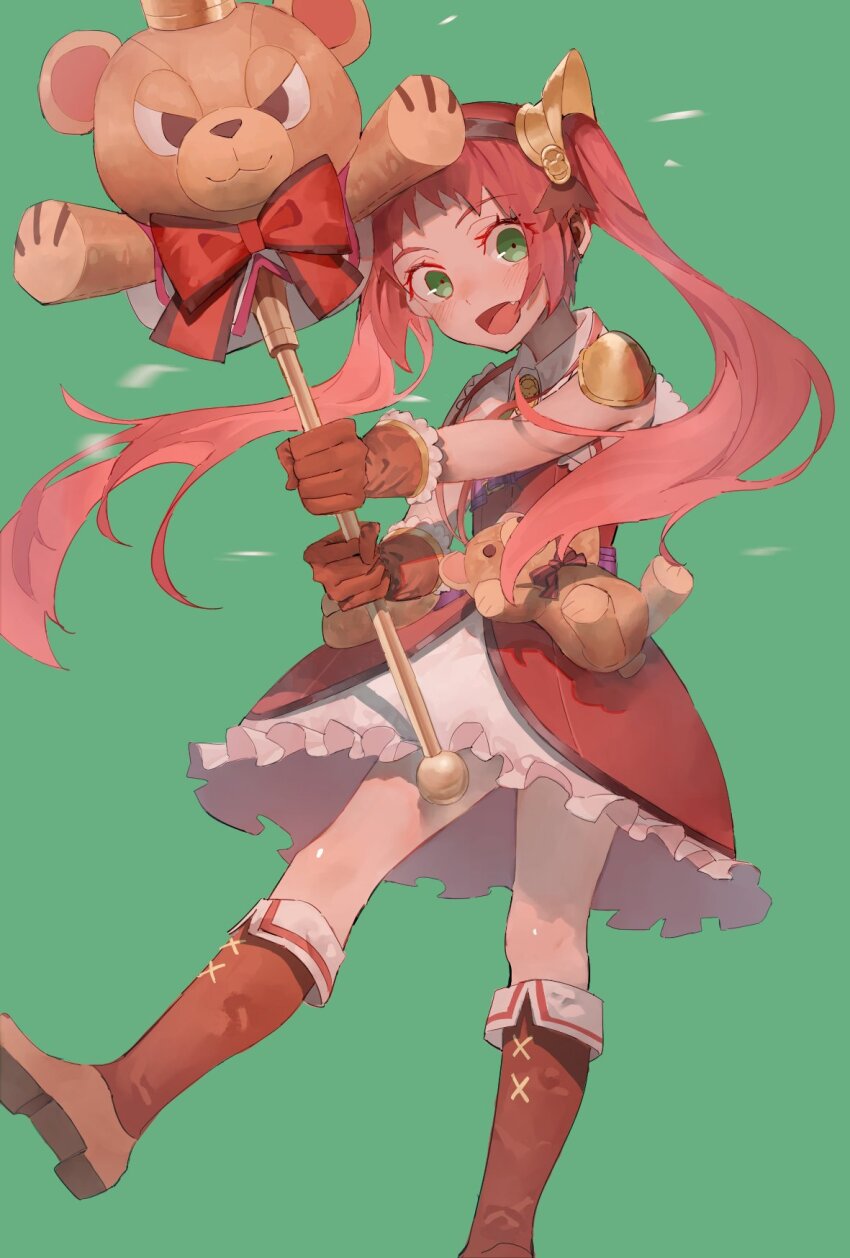 1girl animal_print ayane_(princess_connect!) bear_print bow brown_gloves crown dress gloves hammer highres jc_(pixiv_66949345) princess_connect! red_dress red_hair solo stuffed_animal stuffed_toy teddy_bear twintails